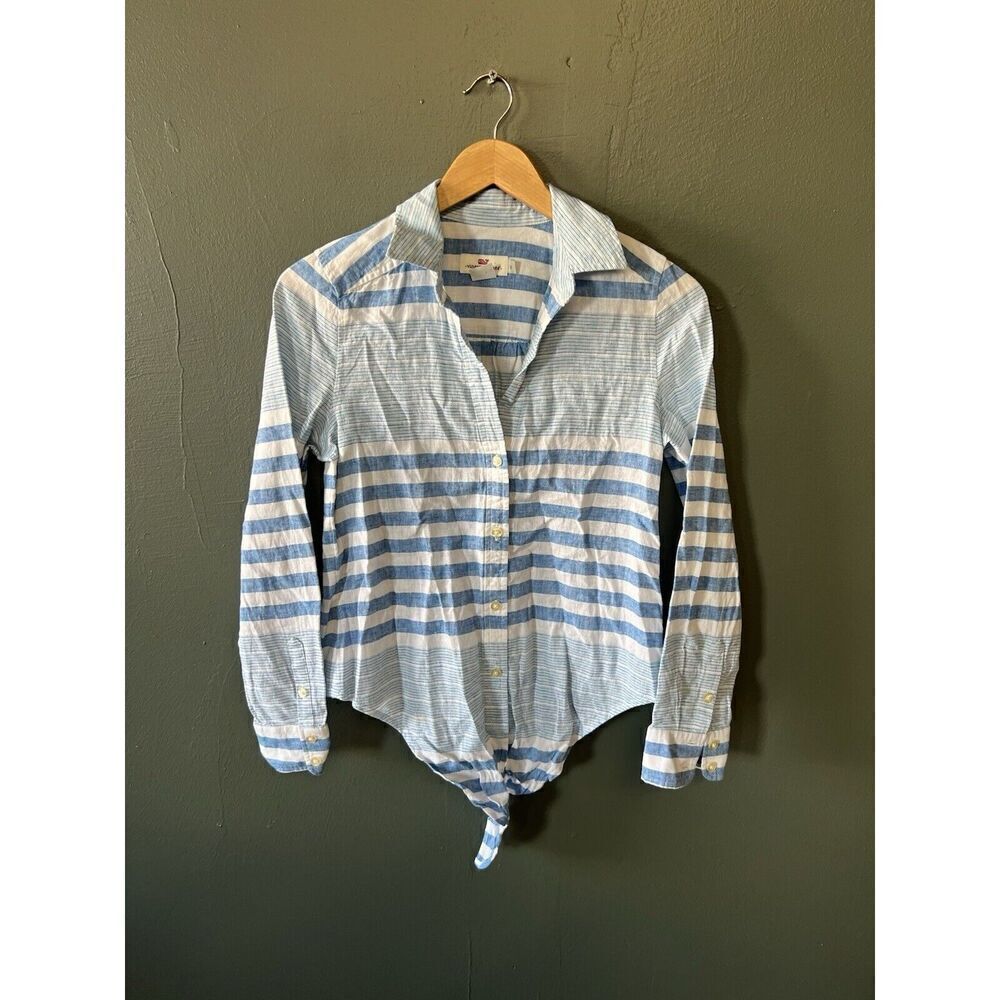 Vineyard Vines Popover Tie Front Striped Blue Linen Blend Button Top Womens